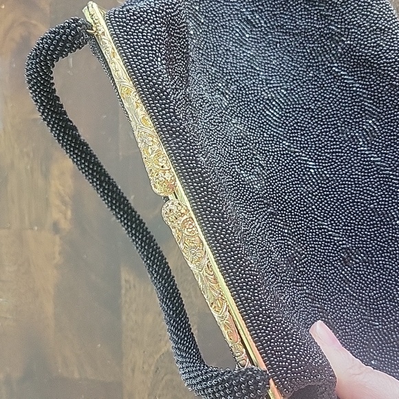 Vintage Black Beaded Handbag With Gold Metal Clasp 40s/50s Glamour Cocktail - Picture 4 of 9